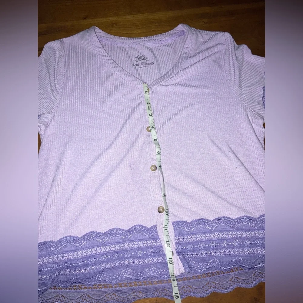 Justice Button-Front Lavender Lace Trim Cardigan